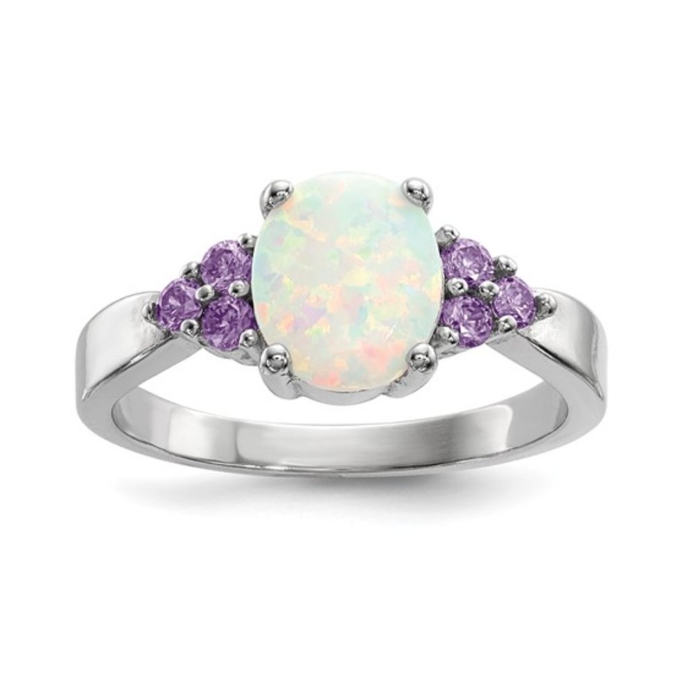 Sterling Silver created Opal with Purple CZ Ring